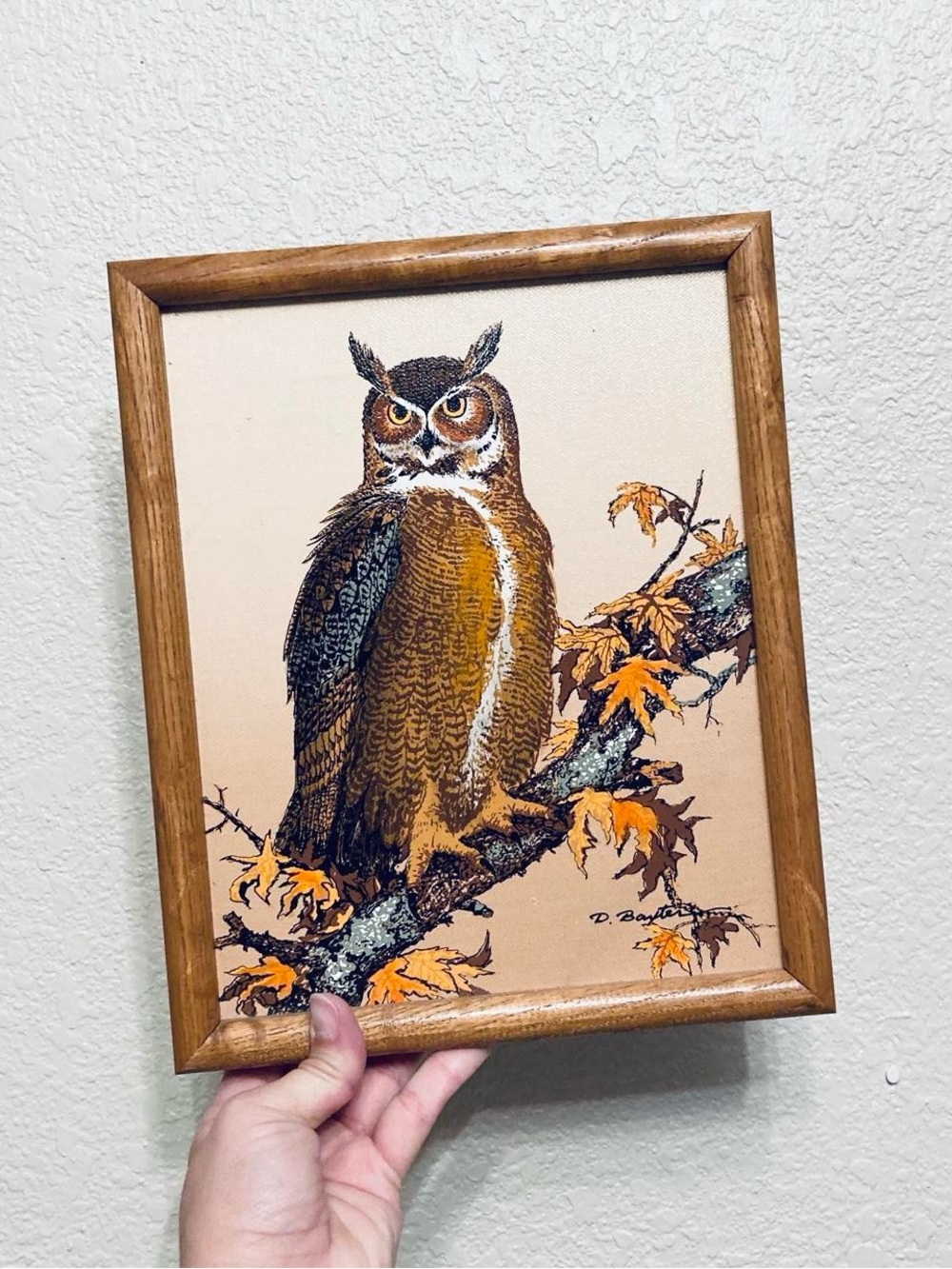 Vintage Mcm 1970s Retro Woodland Owl Bird on Branch Wooden framed artwork